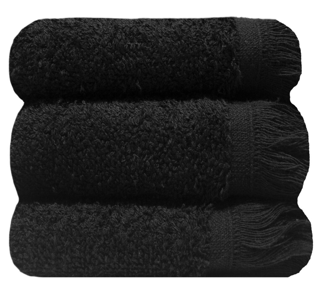 Bunty's Plush 380GSM 030x050cms Fringe Guest Towel 03 Piece Towel Set Jet Black