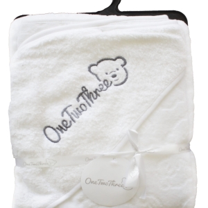 Bunty's Baby Hooded Towel 090090cms One Two Three White