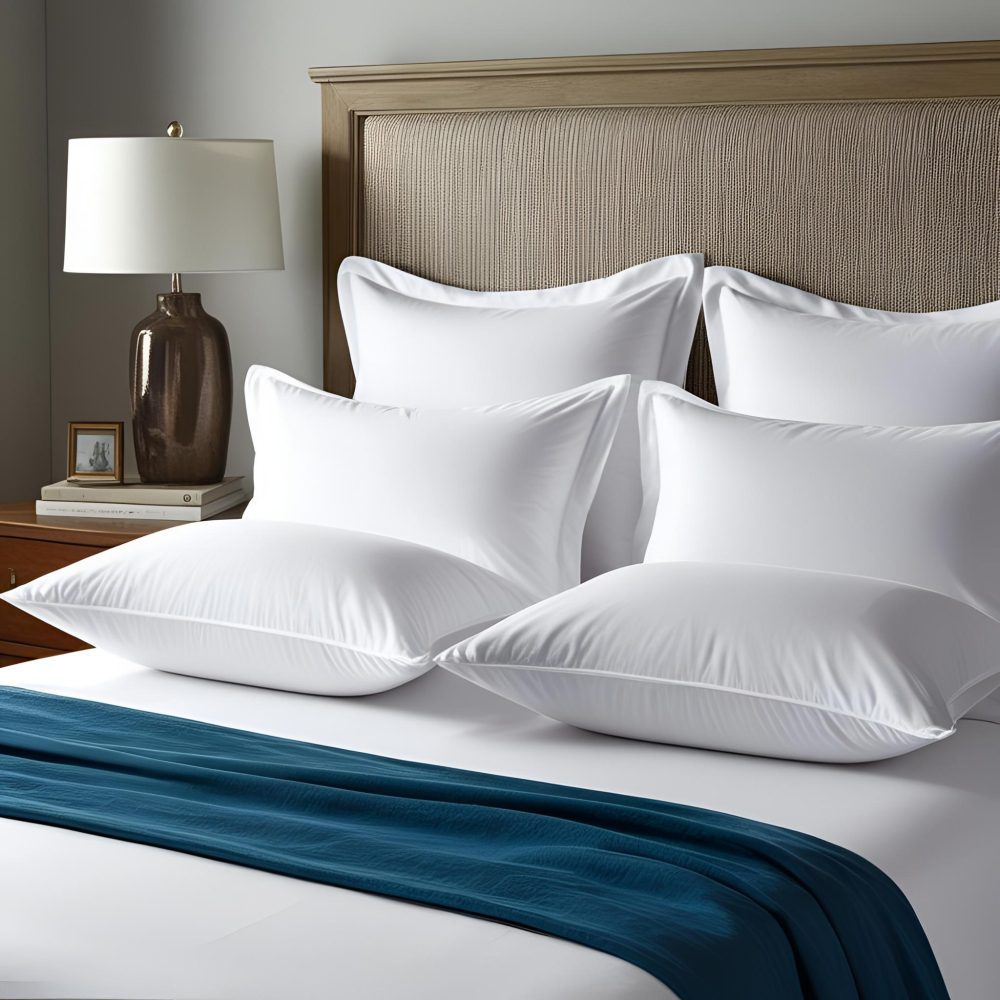 Plain White Pillow Inners on bed with bedroom background Rey's Fine Linen - Pillow Inner - 100% Cotton T200 with Micro Fibre - Image 1