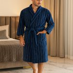 Bathrobe - Velour - Shawl Collar - Stripes Estate Blue