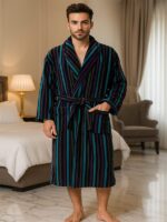 Bathrobe - Velour - Shawl Collar - Stripes Black MultiColor